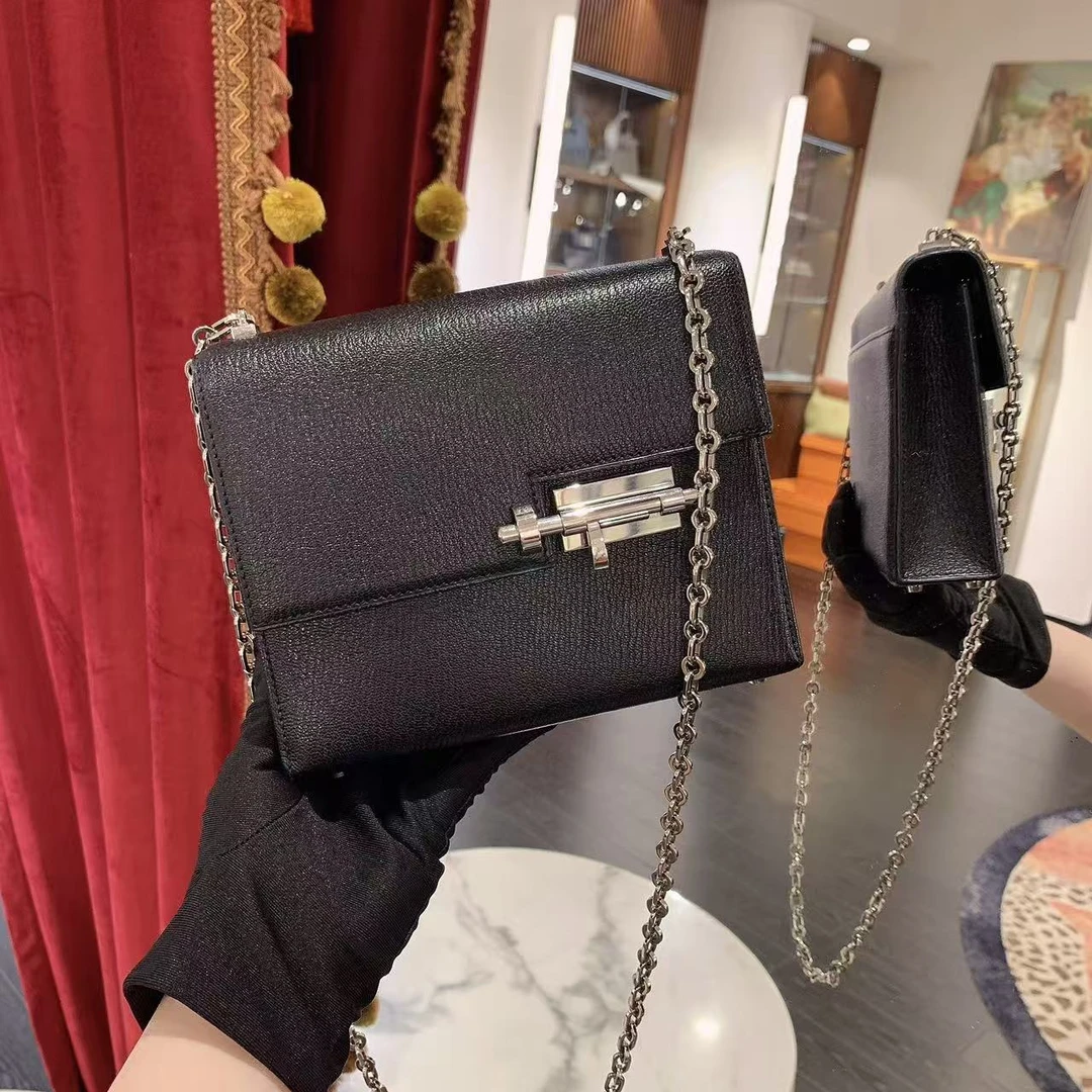 95新 Hermes/爱马仕 GGS爱马仕Verrou17黑色银扣山羊皮56809107