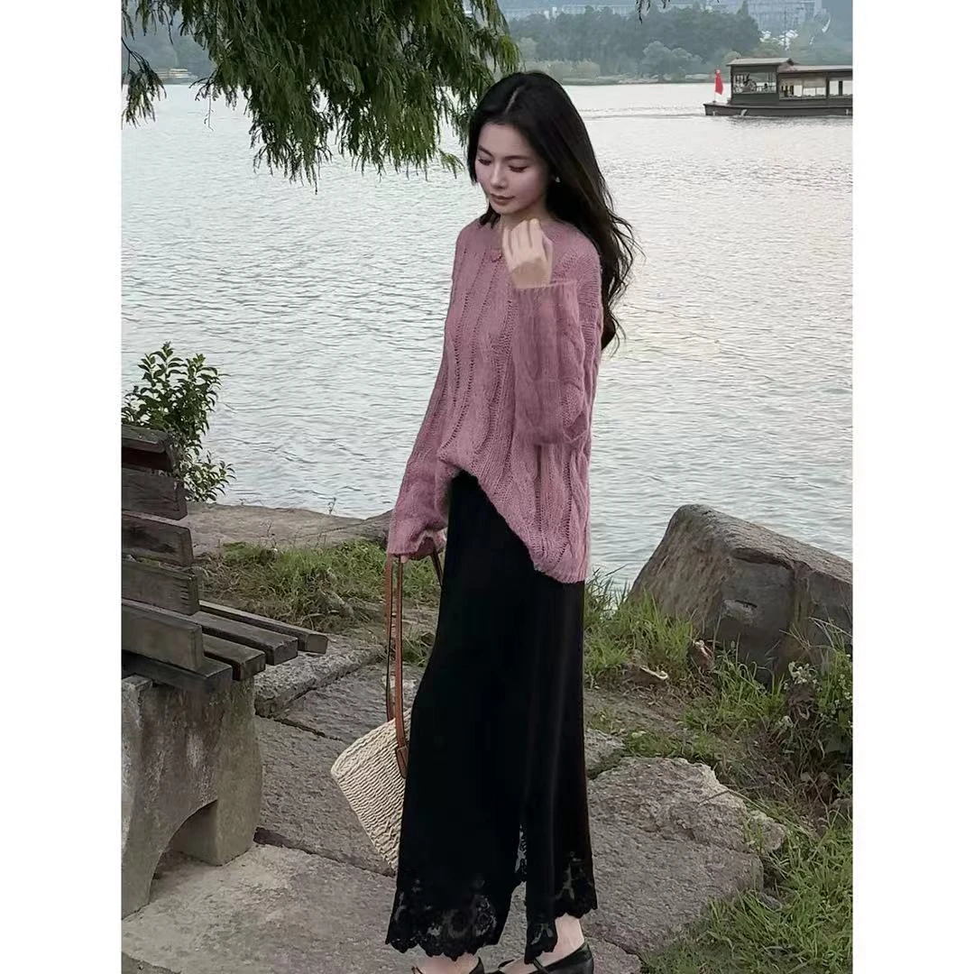 秘密花园秋冬长袖粉紫色圆领套头针织毛衣女时尚洋气针织上衣