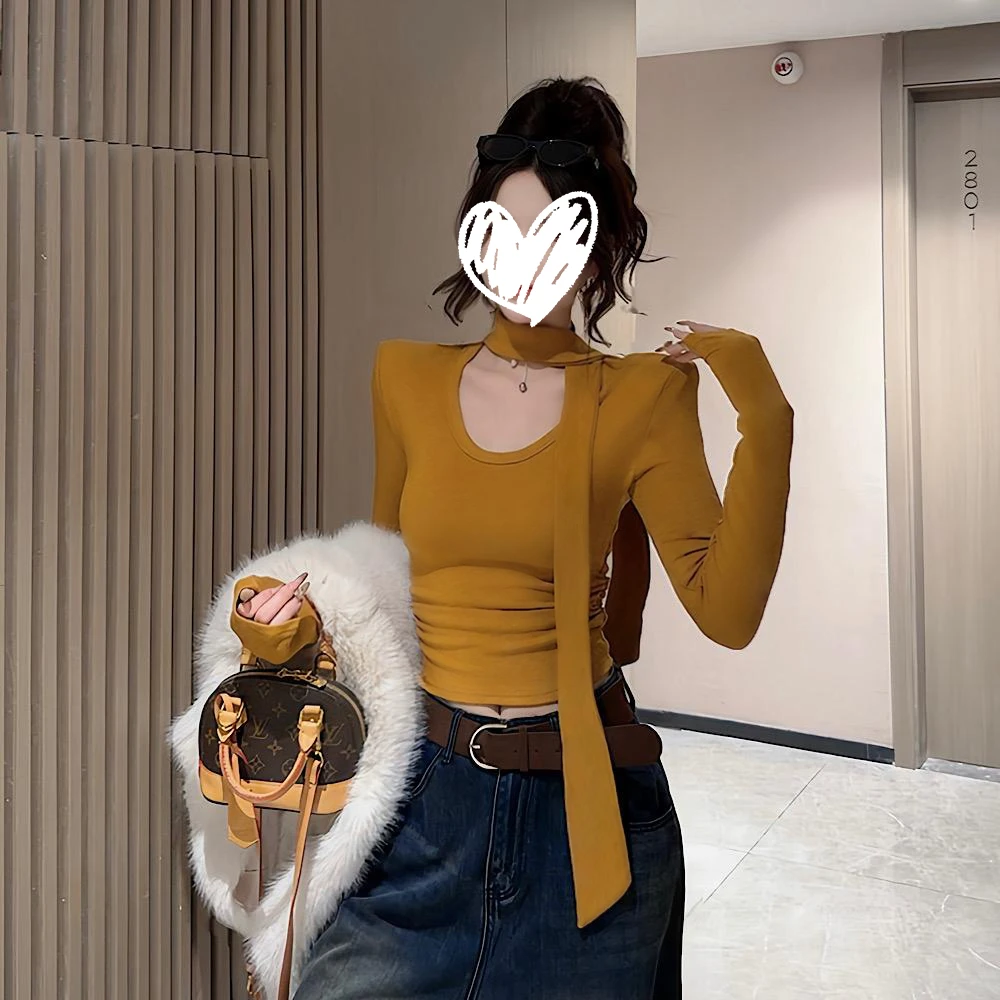 纯欲风辣妹飘带长袖T恤女2025秋冬新款设计感显瘦磨毛加厚打底衫