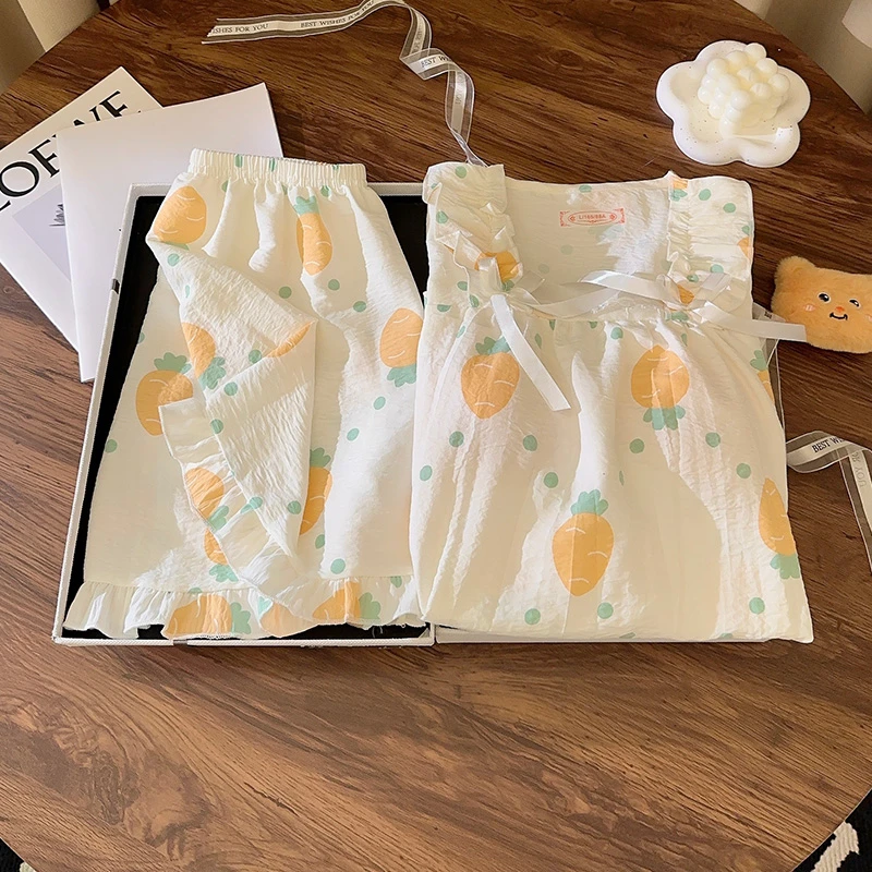 带胸垫睡衣女夏季薄款短袖云朵棉春秋可爱爆款家居服两件套装萝卜