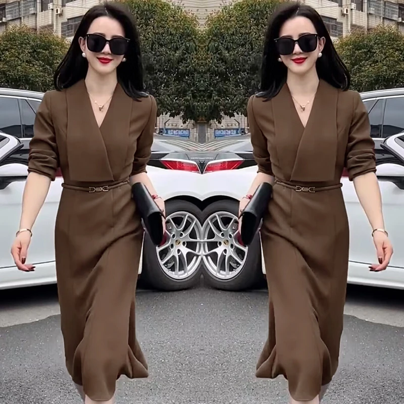 【送腰带】轻熟风显瘦连衣裙女2025新款纯色减龄修身中长款裙1841