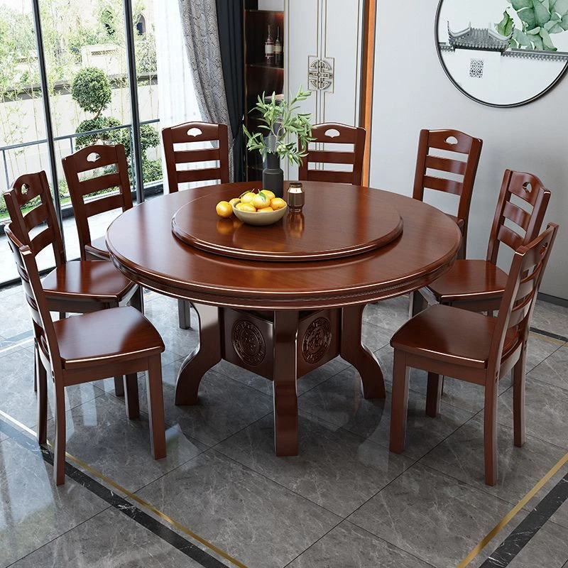 中式实木圆形餐桌椅组合家用10-12人吃饭桌酒店餐厅雕花大圆桌