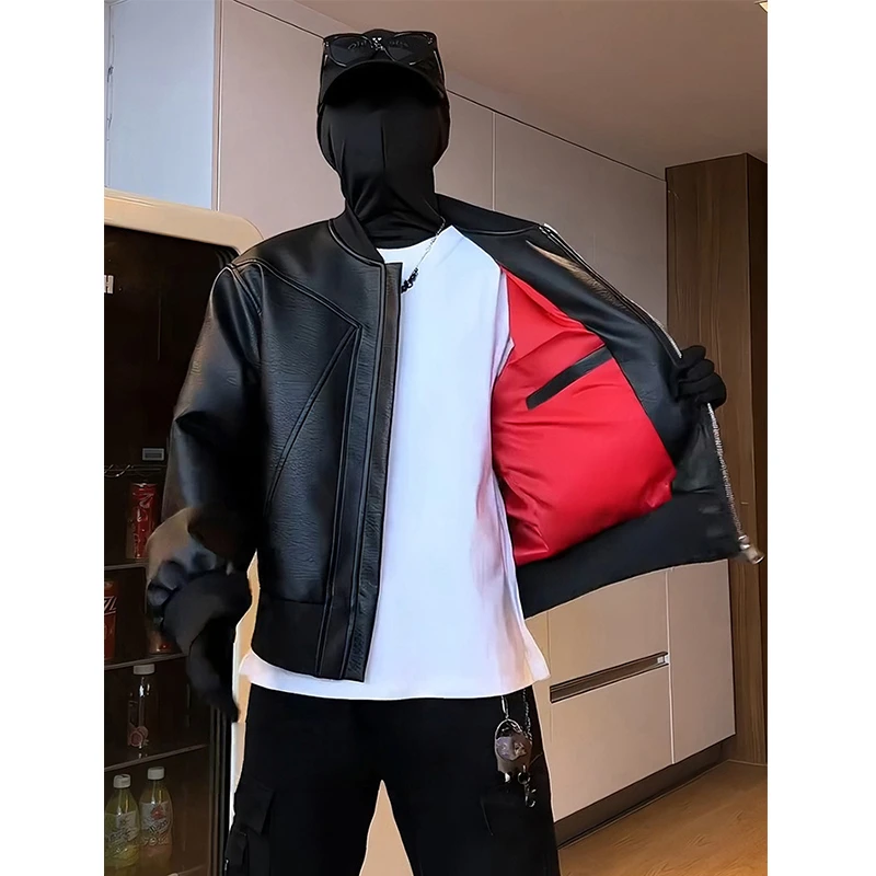 黑色解构机车皮衣外套男美式高街红内夹克短款cleanfit正肩棒球服