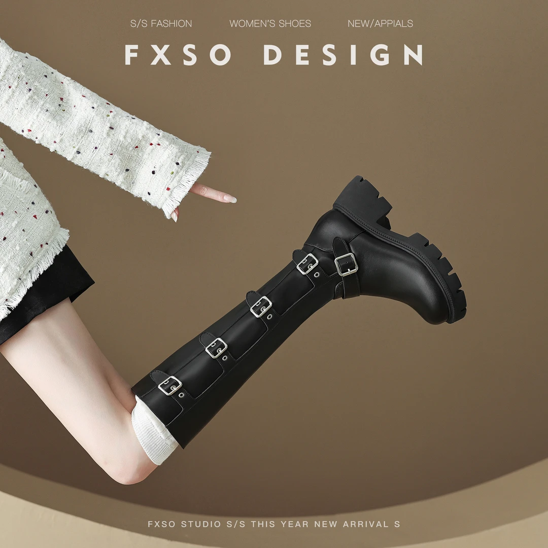 真皮FXSO方巷2024冬季新款加绒西部牛仔骑士靴子厚底长筒靴女款