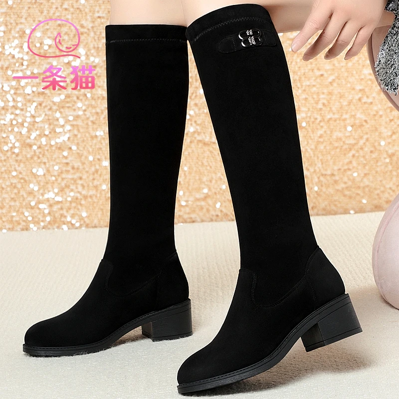 高筒靴不过膝秋冬新款中跟弹力靴女靴子加绒保暖过膝显瘦长筒女靴