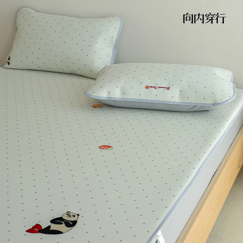 向内穿行【海滩熊猫鱼】冰丝凉席三件套单人床笠款可水洗空调席卡通
