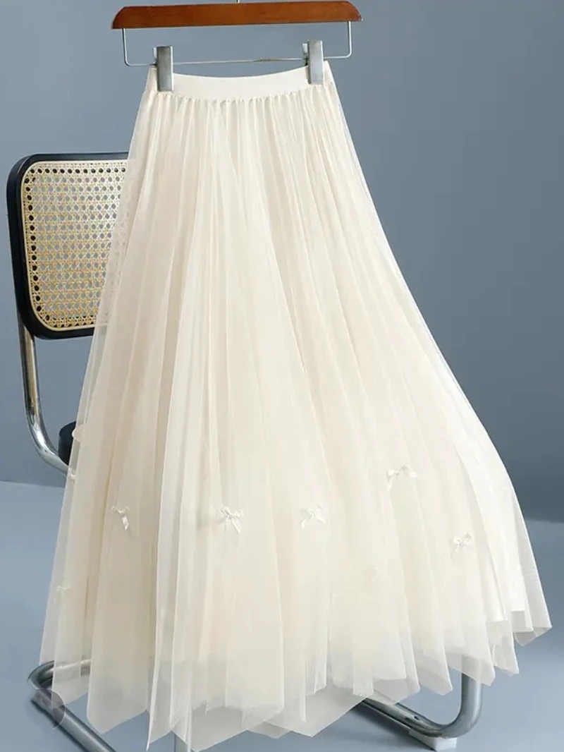 新春夏款网纱半身裙高腰蝴蝶结不规则中长款仙女纱裙百搭显瘦白色