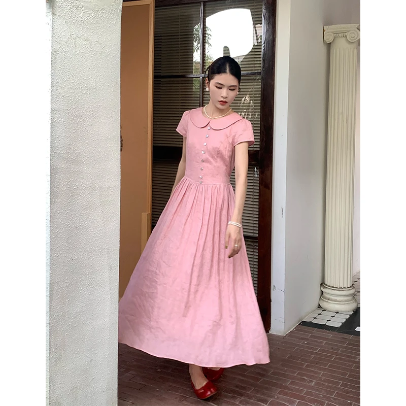 法式复古连衣裙夏季新款娃娃领短袖收腰 A字裙 07223