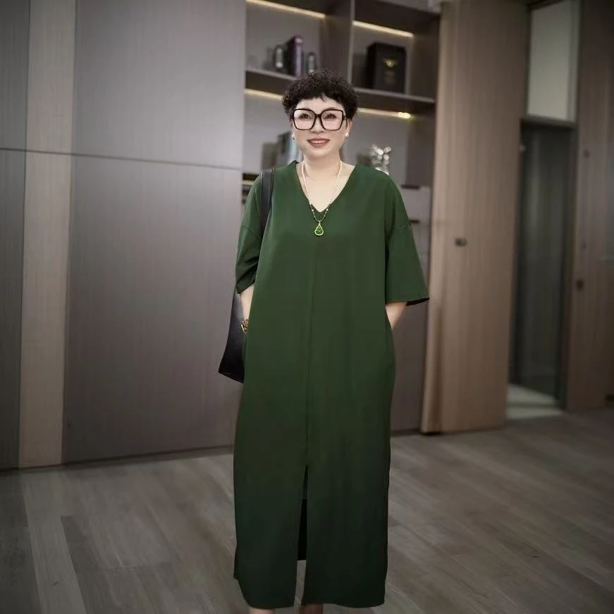 【古城清风】夏新款V领亚麻中袖连体长裙