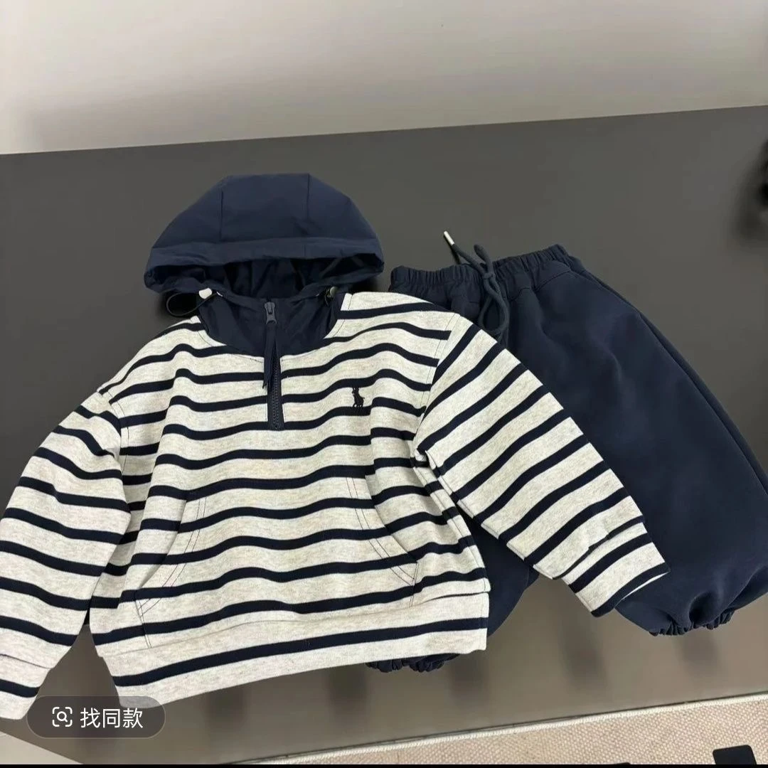 儿童套装2025春季新款韩版男女童宽松条纹连帽卫衣卫裤时尚两件套