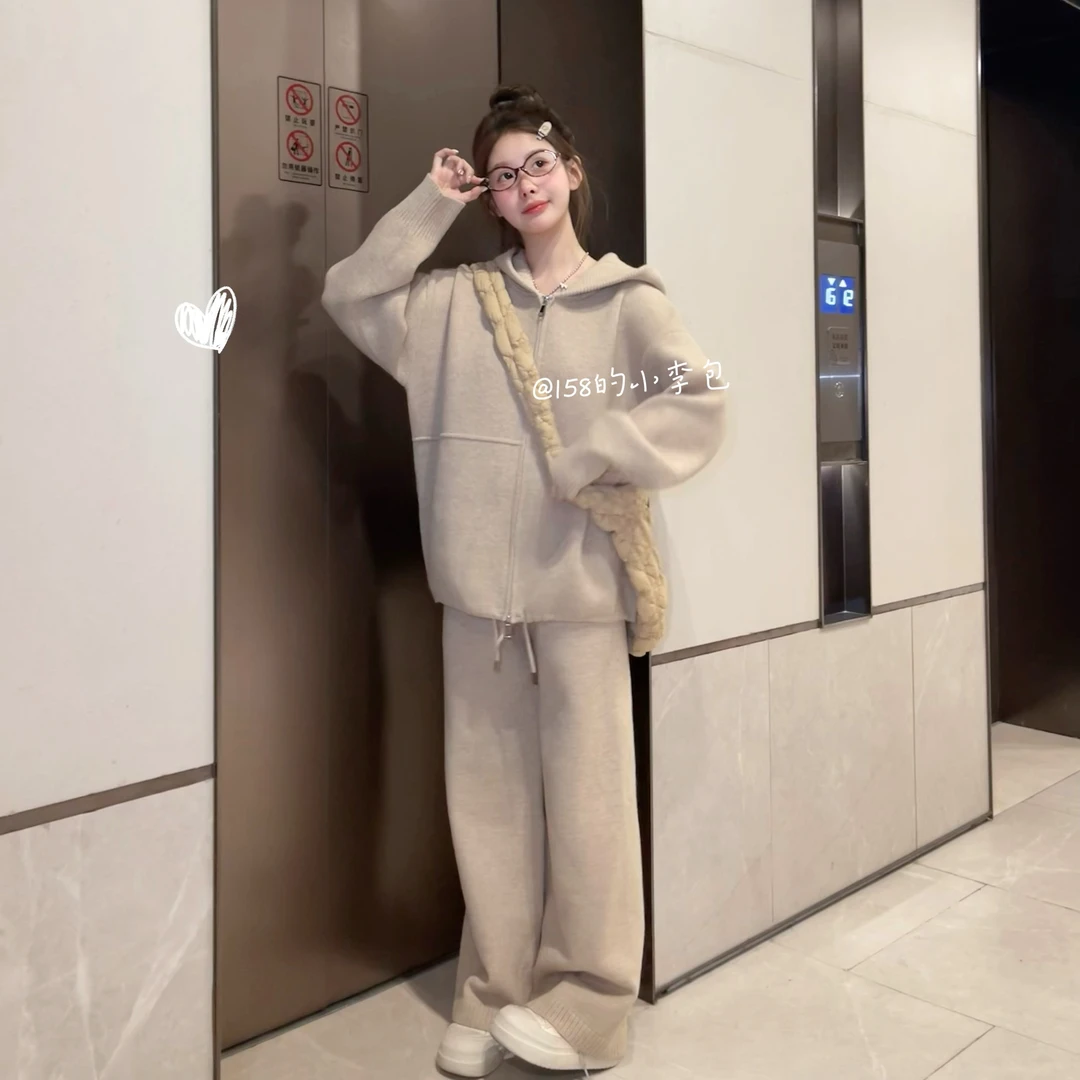 LIRUI【简爱日记】2025秋季新款慵懒风连帽针织毛衣女两件套套装