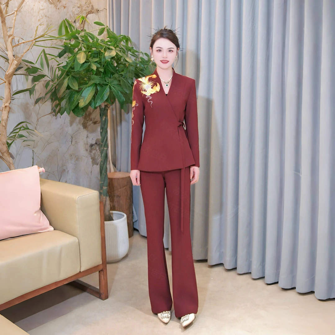 【凤转流年】BYGB-2025新款重工凤凰刺绣V领干练修身西服套装29003
