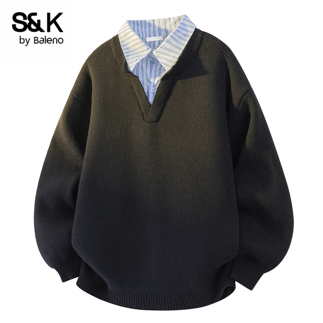 Baleno/班尼路假两件纯色毛衣男秋冬季新款宽松休闲美式翻领外套