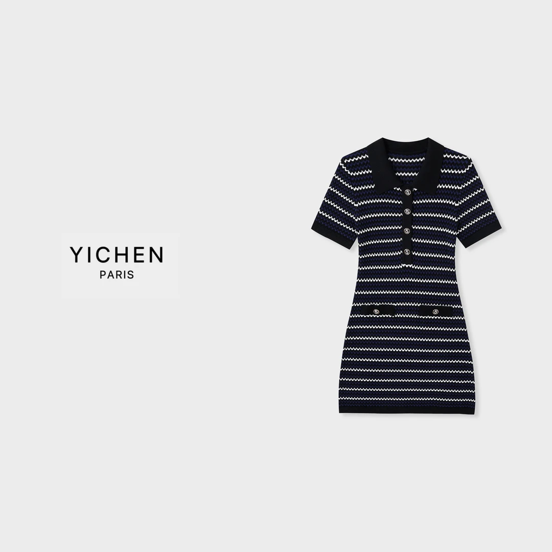 YC 小香蓝白拼色横条纹翻领镂空收腰针织连衣裙-2732