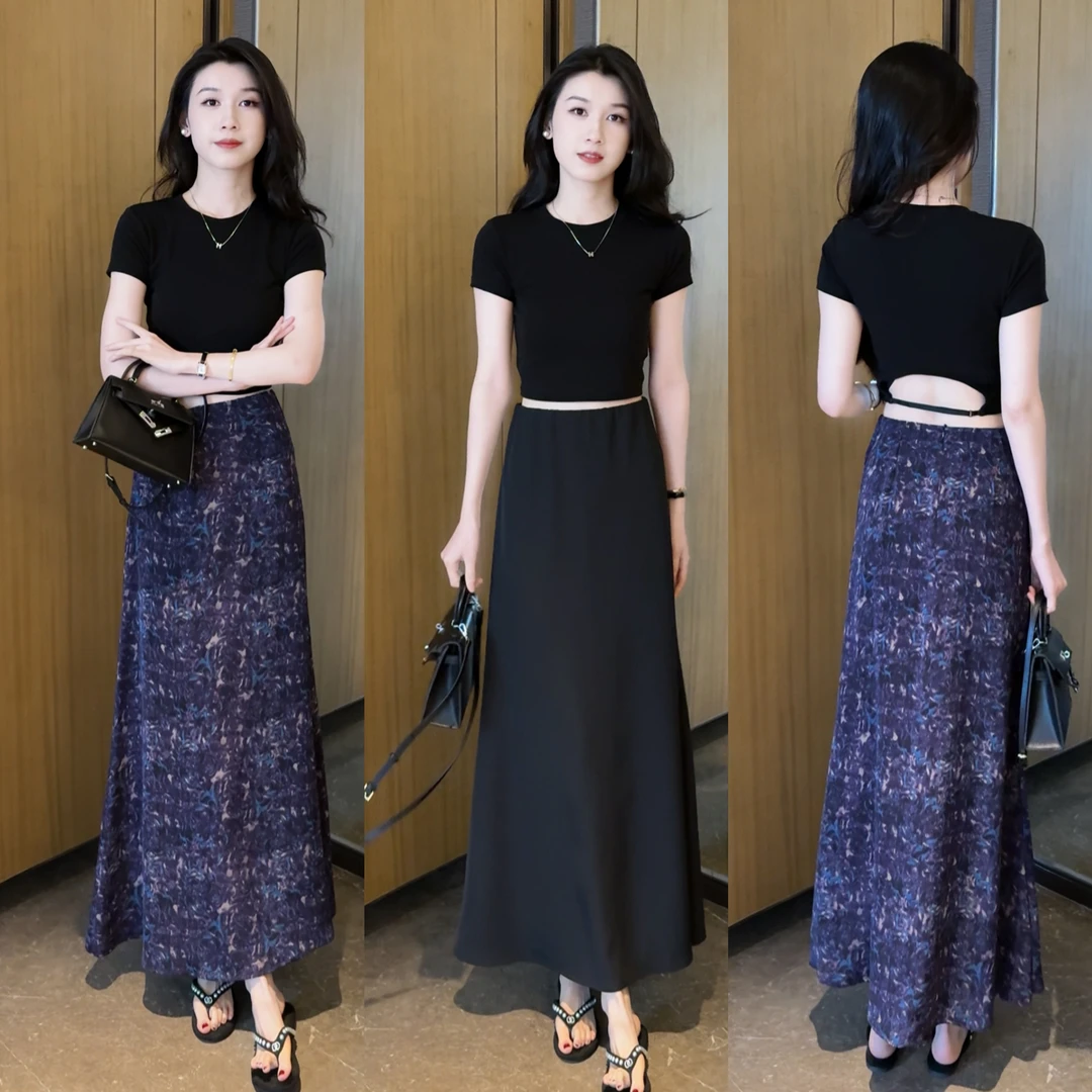 夏季新款百搭高腰气质波西米亚半身裙+百搭显瘦短款露腰上衣套装