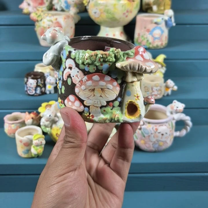 开***饭 蘑菇屋 小猫手绘多肉花盆