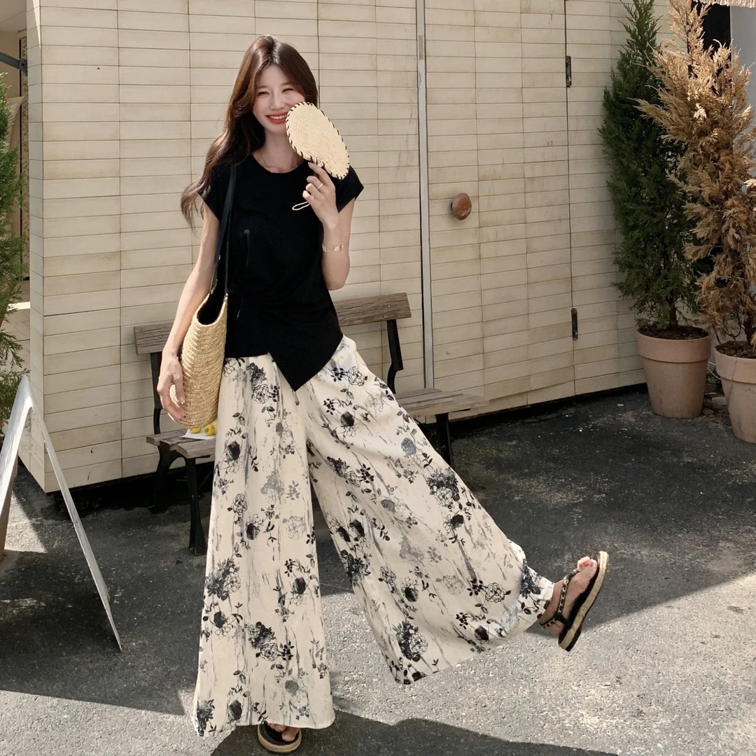 小众设计感不规则T恤套装女夏2025新款国风水墨印花阔腿裤两件套