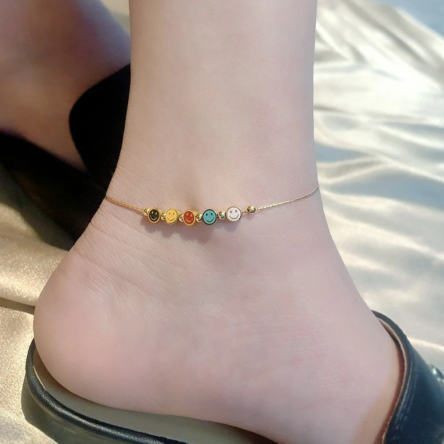 钛钢脚链 钛钢不掉色彩色滴釉笑脸脚链小众轻奢饰女 性感足链