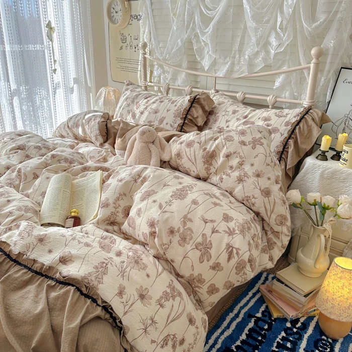 韩系法式花边四件套慵懒氛围感少女心床上套件学生宿舍三件套