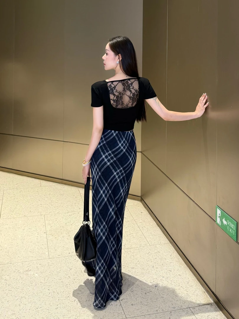 （蓝调格纹）夏季新款复古气质百搭显瘦高腰A字半身长裙