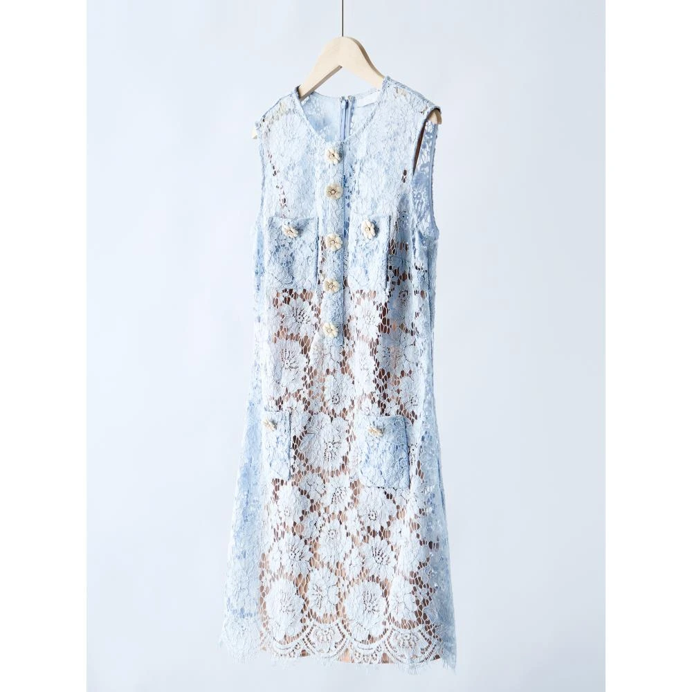 【YS11339】木巨上3.4k~25夏新款薄雾蓝花朵背心A字无袖蕾丝连衣裙