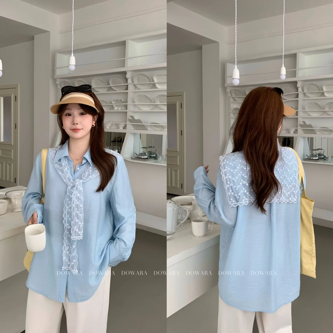 现货8246D大婉酱千千微胖定制 法式蕾丝披肩翻领长袖衬衫女两件套