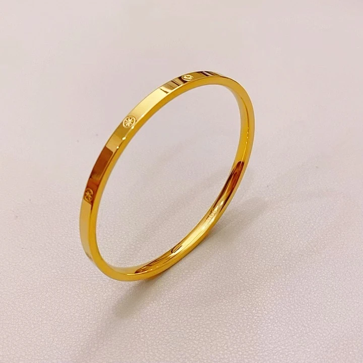 钛钢手镯 气质简约不掉色5D车花米字亮面闭口金色窄版素圈手镯女