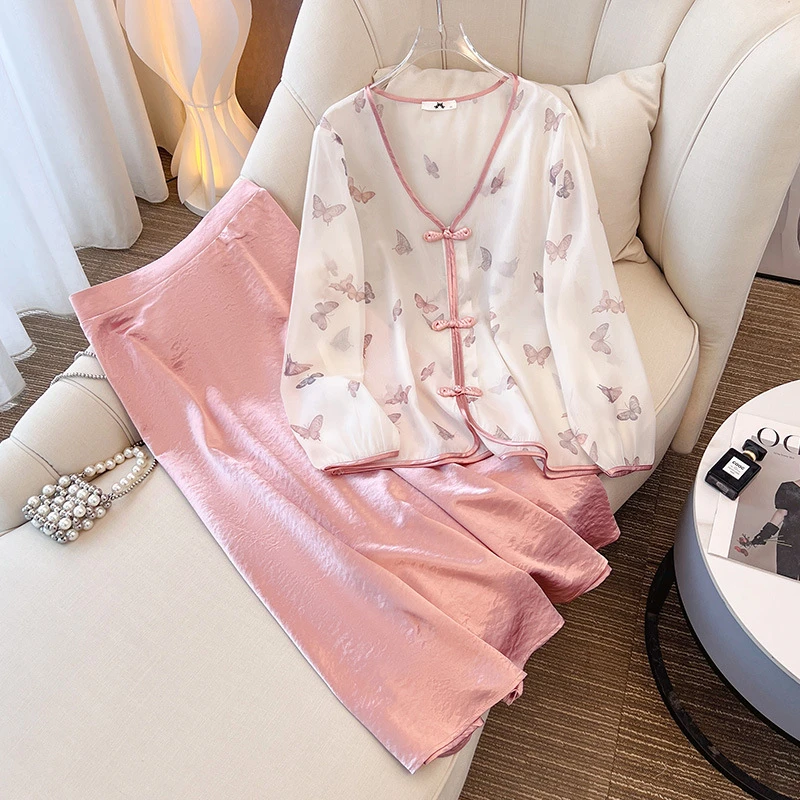 【66758】300斤大码女装胖MM春夏款中式上衣粉色半身裙打底吊带套装