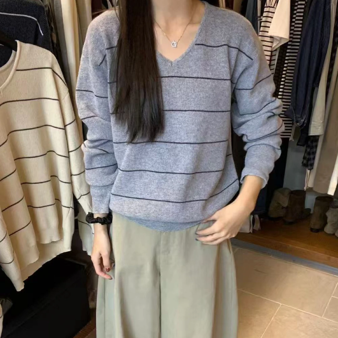 针织毛针织衫撞色条纹抽绳针织衫韩版长袖套头灰色