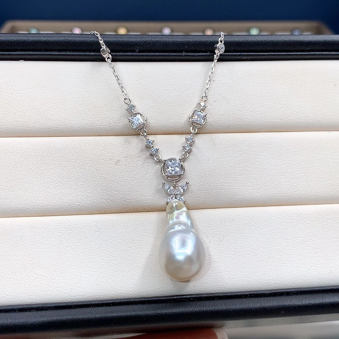 颈饰银S925镶嵌海水珍珠天然海水鎏金巴洛克澳白项链