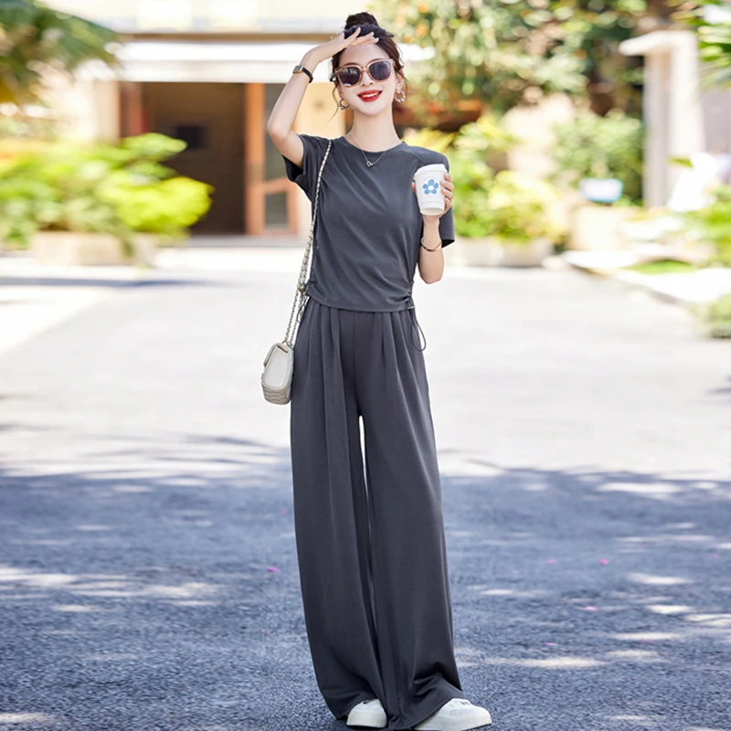 冰丝薄款休闲运动套装女夏2025新款遮肉显瘦T恤垂感阔腿裤两件套