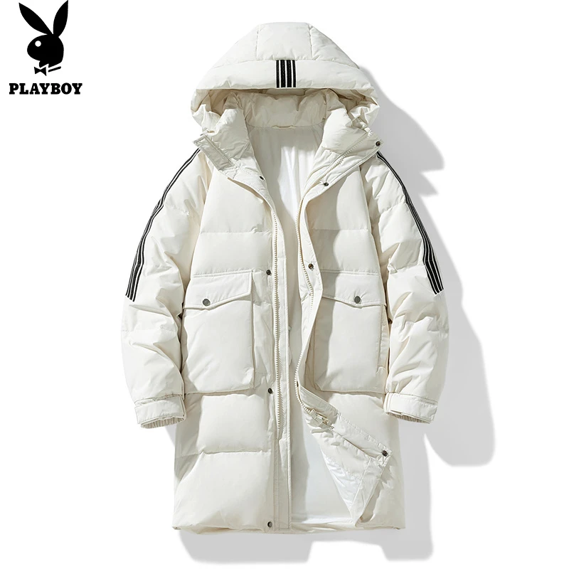 花花公子男士羽绒服中长款冬季新款潮牌宽松休闲保暖连帽鸭绒外套