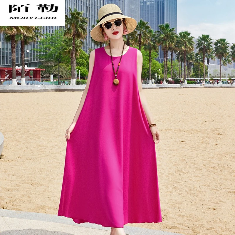 新款夏季纯色棉绸连衣裙女气质高端休闲无袖背心裙海边度假沙滩裙