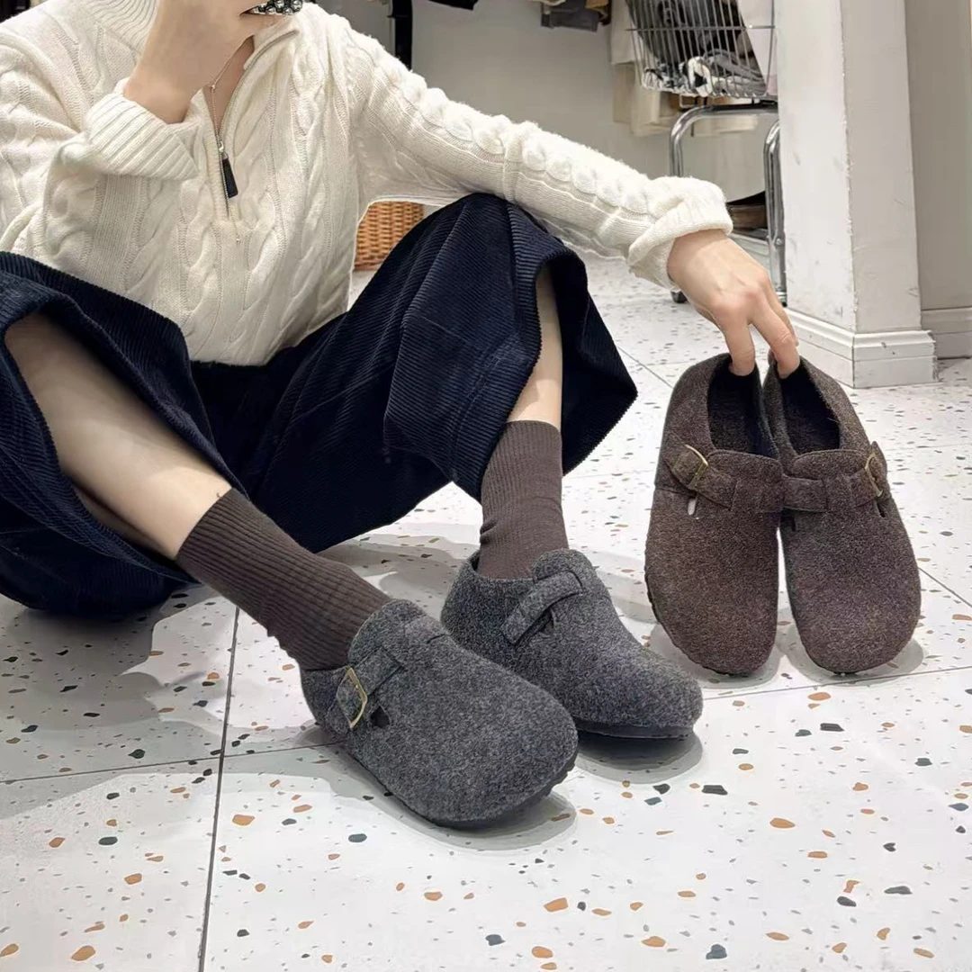 毛呢勃肯鞋女2025秋冬季新款厚底加绒全包博肯鞋一脚蹬单鞋毛毛鞋
