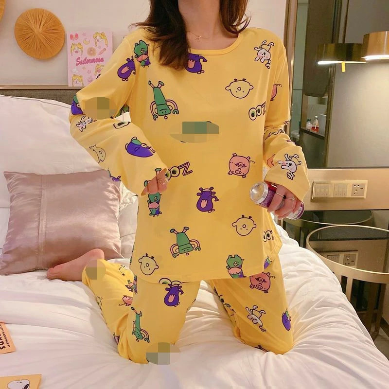 减龄风圆领女工厂长袖睡衣可爱家居服套装日系春秋季薄款长裤