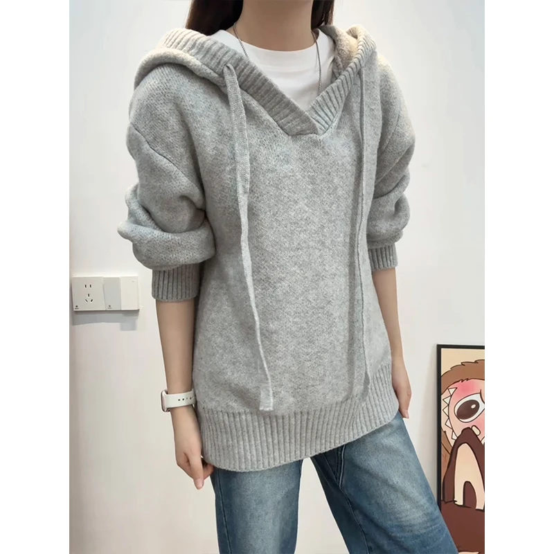 美式复古V领连帽毛衣男款秋冬慵懒风宽松休闲情侣针织衫卫衣外套