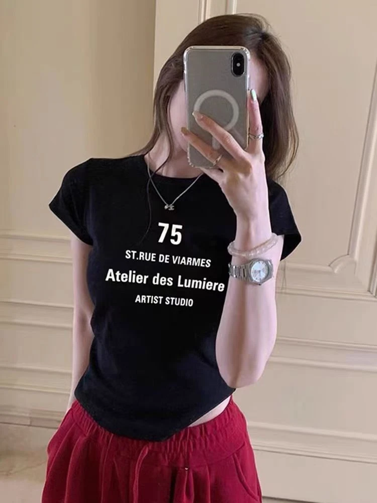 626字母短袖数字75印花圆领T恤百搭时尚小众辣妹韩版上衣