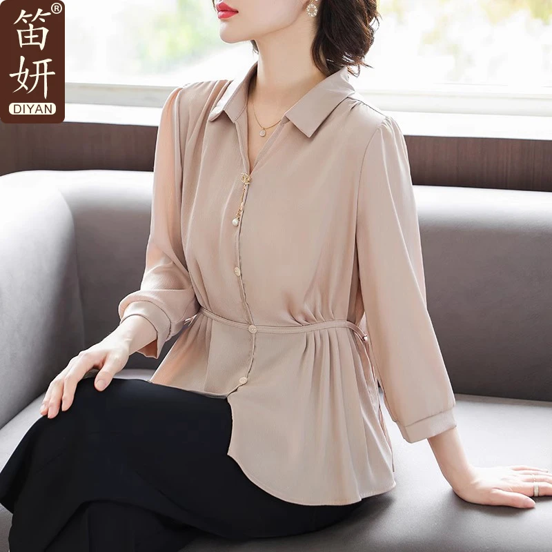 母亲节妈妈春装2025新款洋气中袖衬衫中老年女装夏季雪纺T恤上衣