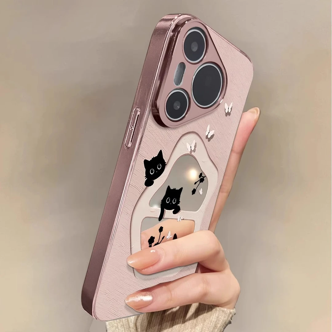 花蝶黑猫适用华为pura80pro手机壳镜面电镀p80ultra可爱mate60p粉