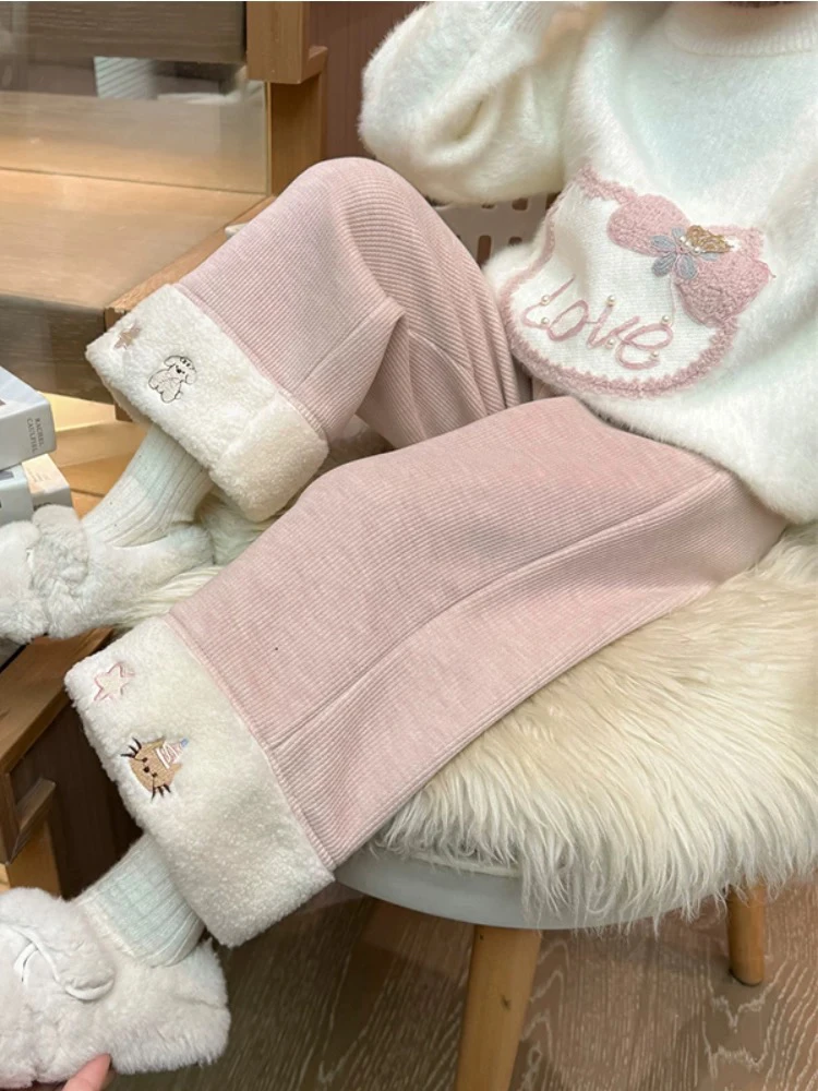 C8女童秋冬粉色加绒加厚阔腿