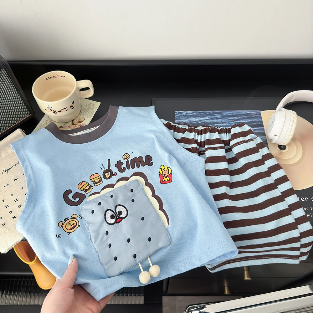 2025夏季新款儿童韩版爆款休闲百搭宽松卡通纯棉无袖背心套装