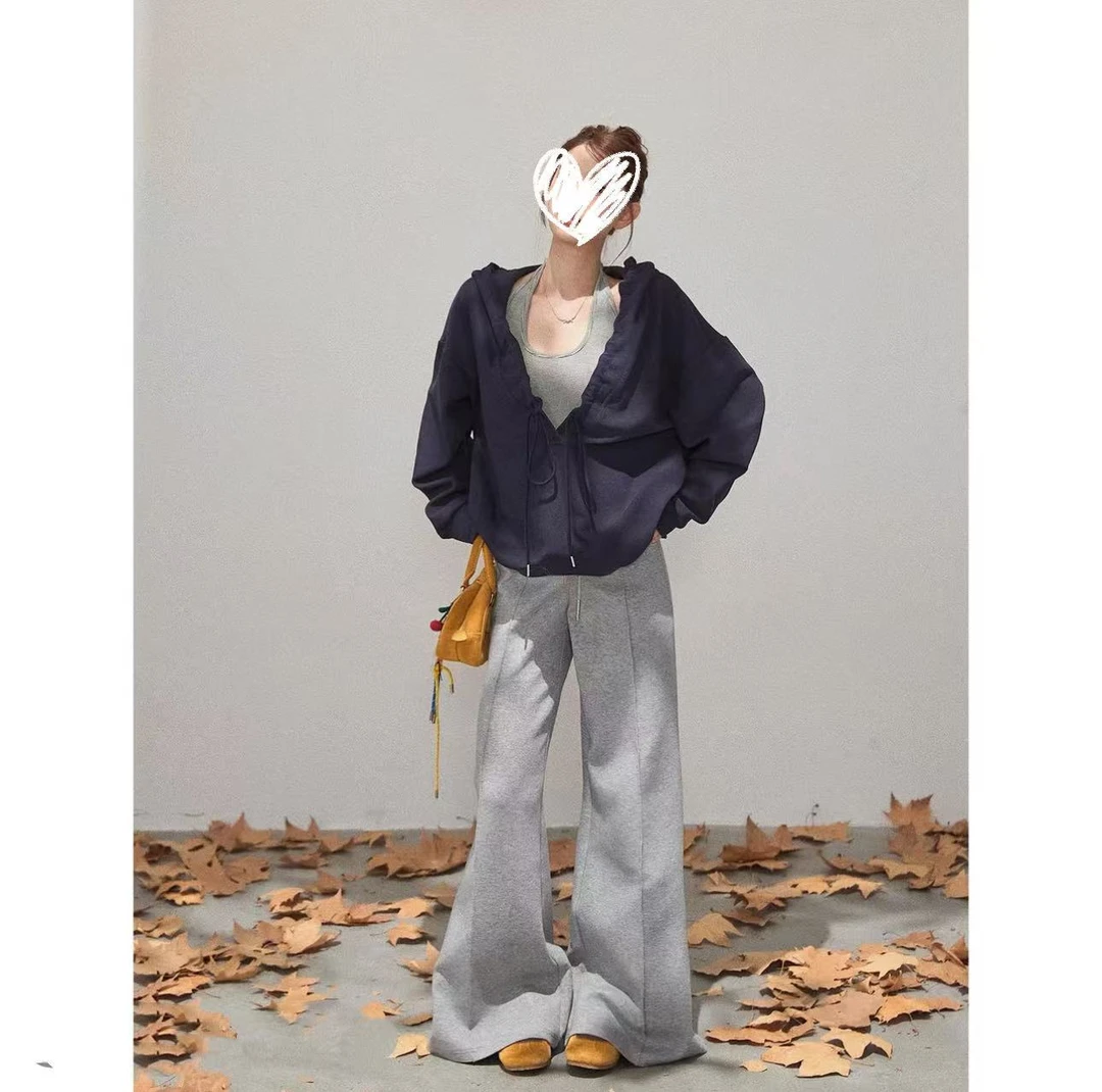 大码女装早秋新款卫衣慵懒风薄款休闲风秋季性感风长袖连帽套装