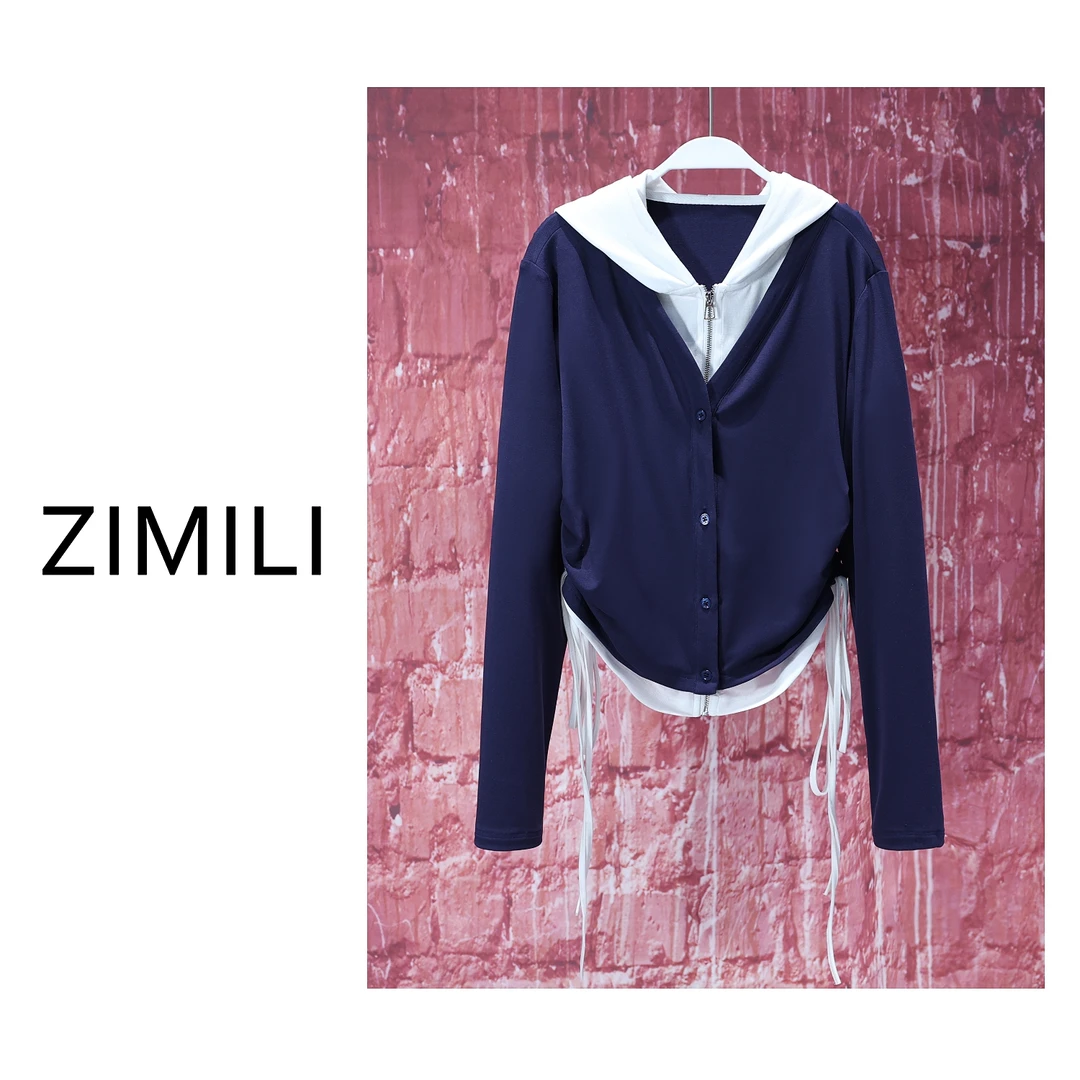 【亮哥女装】2025欧版轻薄透气藏蓝色拼接连帽收腰爽肤衣6073