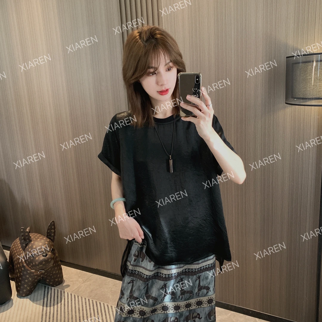 XIAREN【拼纱醋酸】百搭老钱风显瘦上衣独特漂亮小衫纯欲慵懒风女装