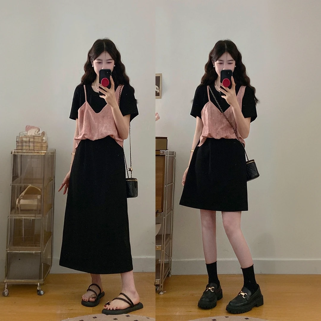 大码女装假两件拼接洋气减龄连衣裙胖MM夏季显瘦小众闺蜜长短裙子