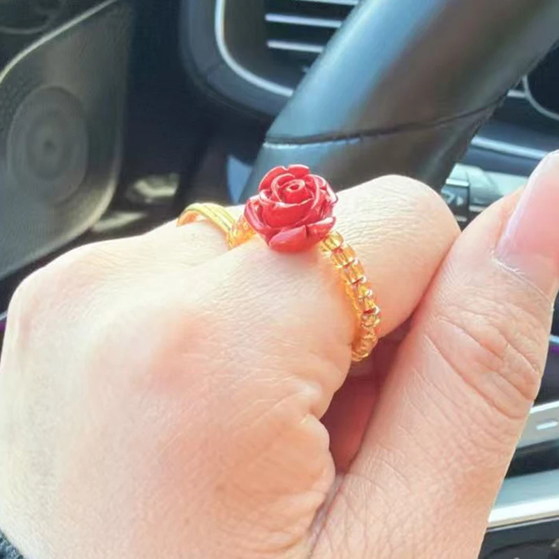 含辰砂工艺品红砂立体玫瑰花戒指/戒圈 多样性发其一 FL-02K