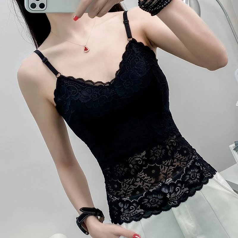 蕾丝绣花吊带背心女内衣一体带胸垫打底衫2025春夏新款法式上衣潮