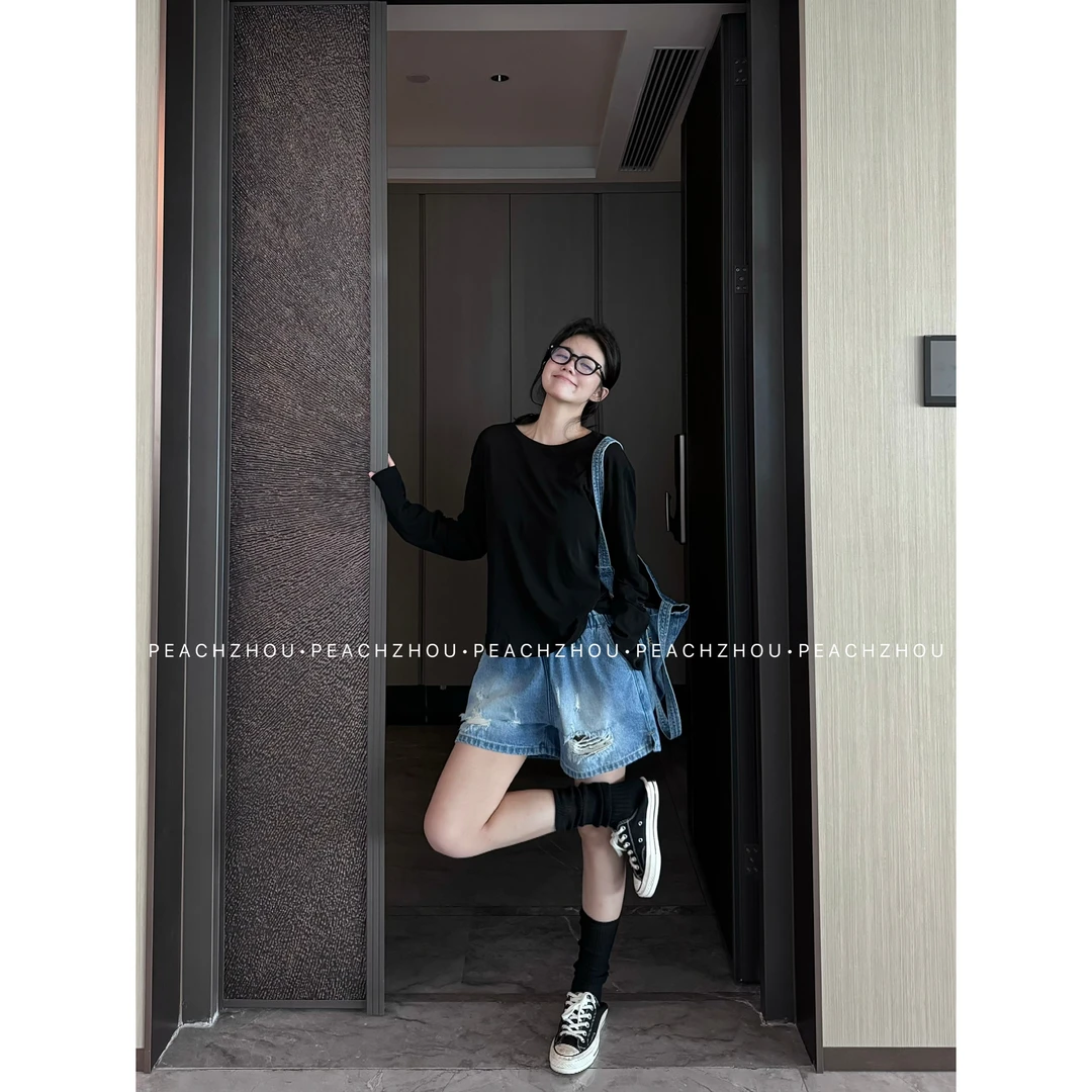 『PEACHZHOU』前后破洞吊烂水洗宽松阔腿牛仔裤松紧腰休闲三分短裤