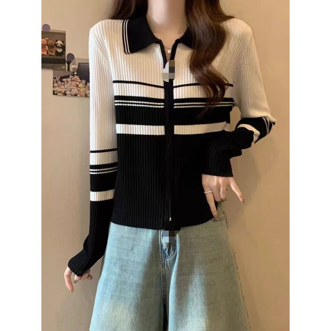 M019条纹Polo领长袖打底针织开衫女春秋款大码胖短款双拉链上衣