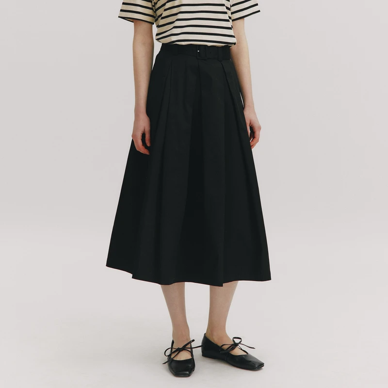 E·LAND衣恋A型荷叶裙摆显瘦百褶长裙时尚通勤穿搭EEWHE23Q91